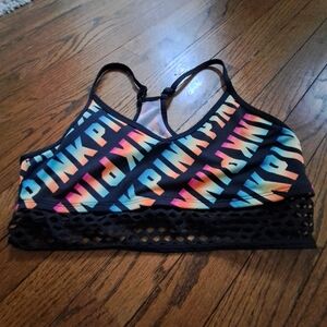 Victoria's Secret PINK Rainbow Ombre Logo Mesh Longline Sports Bra Black L